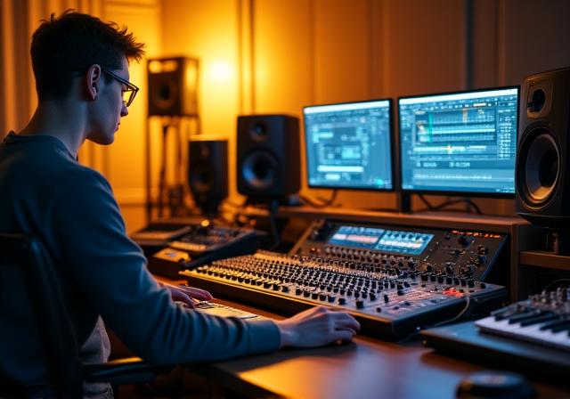 Professional audio engineer working on a complex sound design project