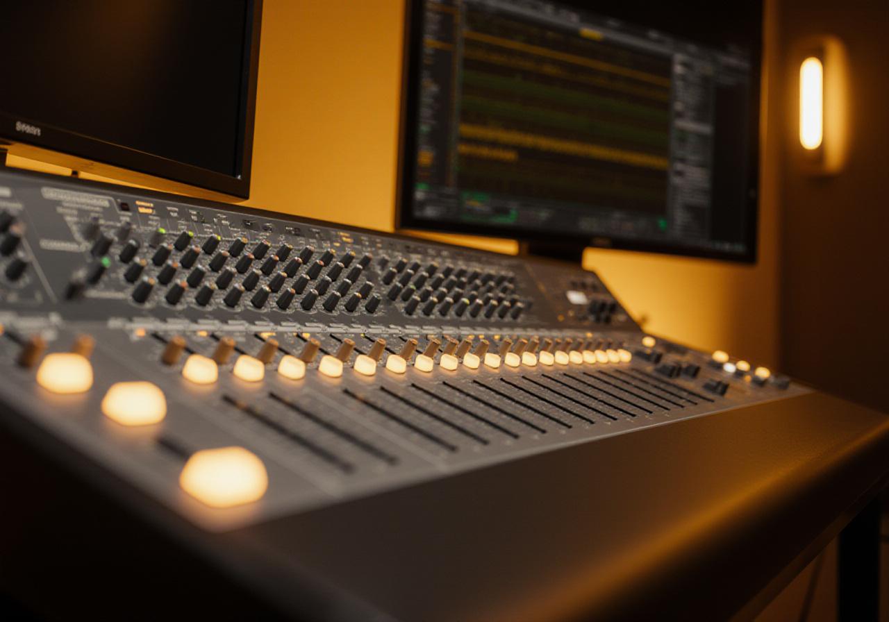 Close up of a modern digital audio workstation interface with neomorphic buttons